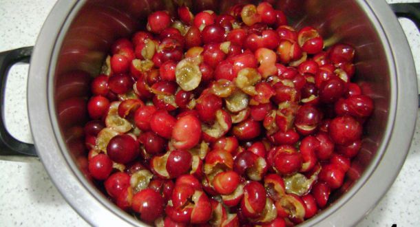 preparazione della marmellata di ciliegie fase 1 ciliegie in pentola